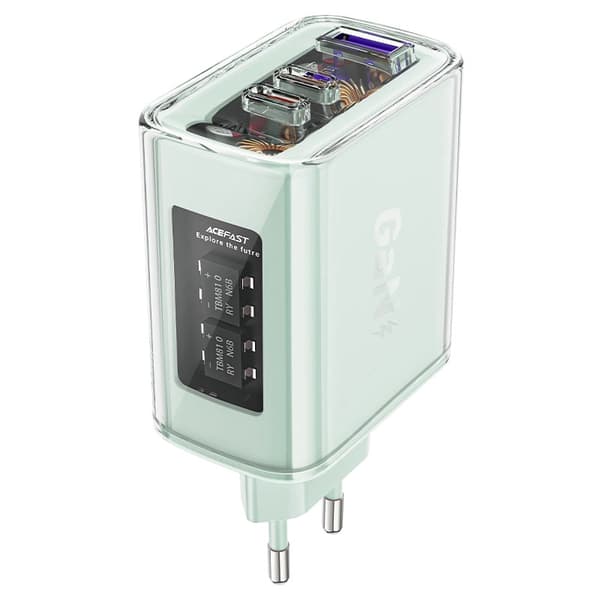 Acefast GaN Oplader 65W 3 porte (1xUSB, 2xUSB C) grøn (A45)