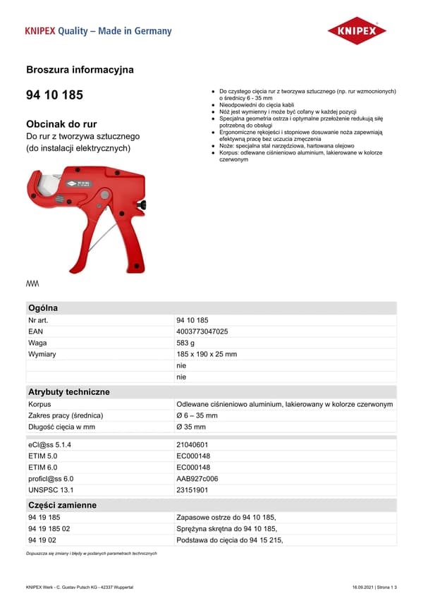 KNIPEX Putkenleikkuri muovisille suojaputkille