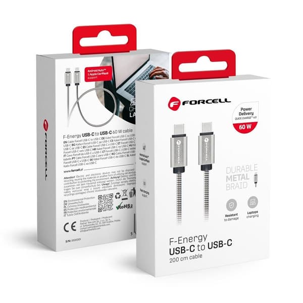 USB-kaapeli ForCell USB-C - USB-C 2 m hopea