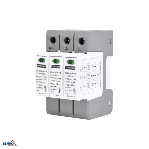 Solcelleoverspændingsafleder 3P 1000V 8kA DC B+C T1+T2 3F PV-beskytter Schelinger Solcellepanel