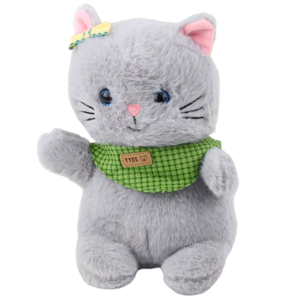 Pehmolelu maskotti kissa harmaa vihreä huivi rusetti 22cm