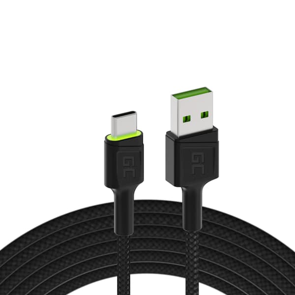 Kaapeli USB - USB-C Green Cell GC Ray, 200cm, vihreä LED, Ultra Charge, QC 3.0