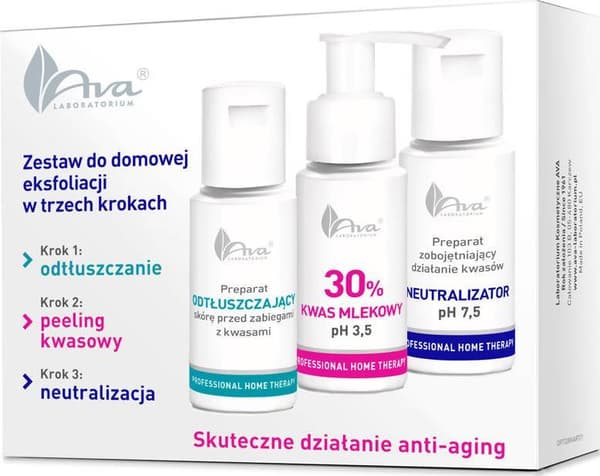 AVA LABORATORIUM_SÆT Sæt til hjemmeeksfoliering Afgiftende Forberedelse 50ml + Mælkesyre 30% 50ml + Neutralisator 50ml