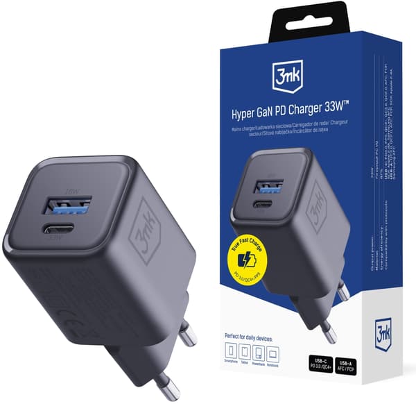 3mk Hyper Charger PD 33W GaN QC4+ musta