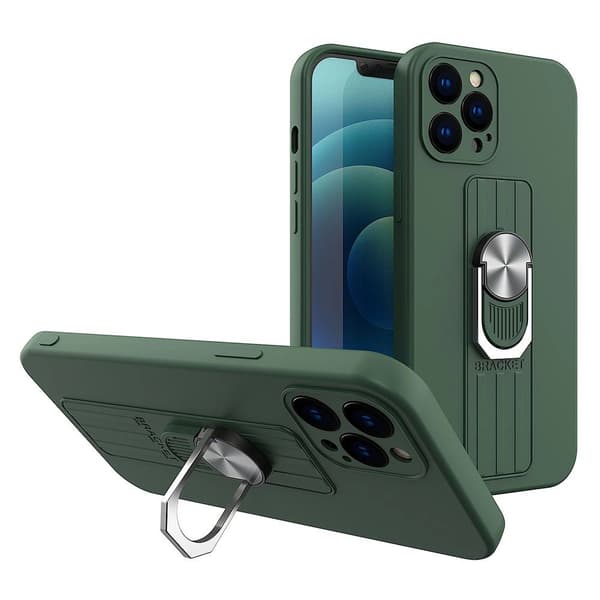 Ring Case silikonecover med fingergreb og stativ til Samsung Galaxy A42 5G mørkegrøn