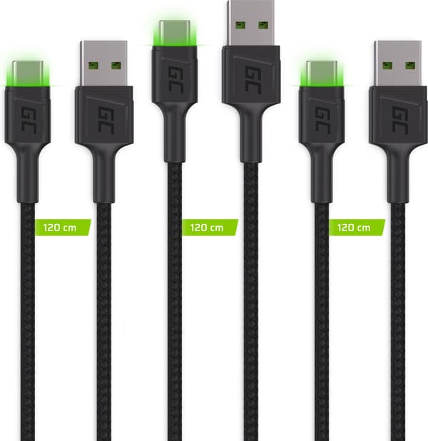 GREENCELL-kaapelisarja, 3 USB-kaapelia - USB-C 2m LED QC 3.0 musta punottu