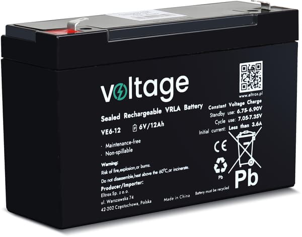 Batteri AGM Spænding 6V 12Ah VE6-12