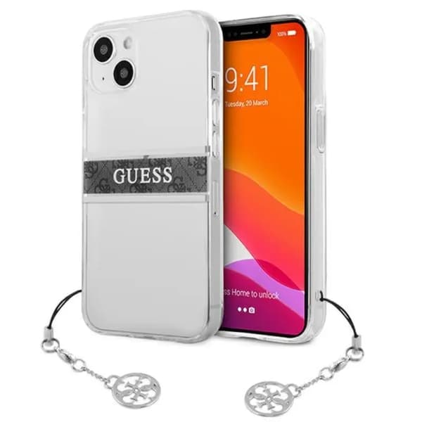 Guess GUHCP13SKB4GGR iPhone 13 mini 5.4\" Transparent Hardcase 4G Grey Strap Charm