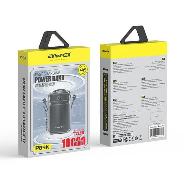 AWEI P89K powerbank 10000mAh 38,5W sort + USB-C / Lightning-kabel