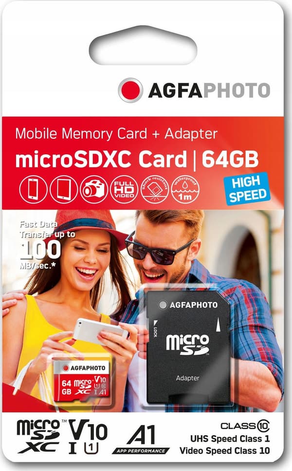 AgfaPhoto MicroSDXC UHS-I 64GB nopea luokka 10 U1 + sovitin