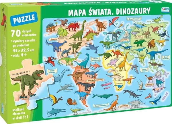 Pussel 70 bitar. Världskarta. Dinosaurier