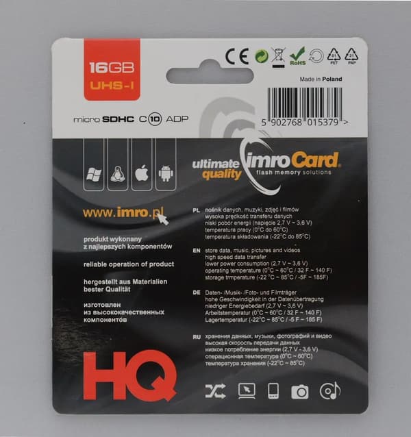 IMRO microSD 16GB CLASS 10 UHS I 100MB/s muistikortti SD-adapterilla