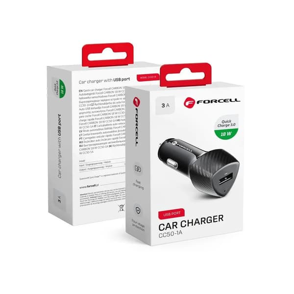 FORCELL CARBON biloplader USB QC 3.0 18W CC50-1A sort (Total 18W)