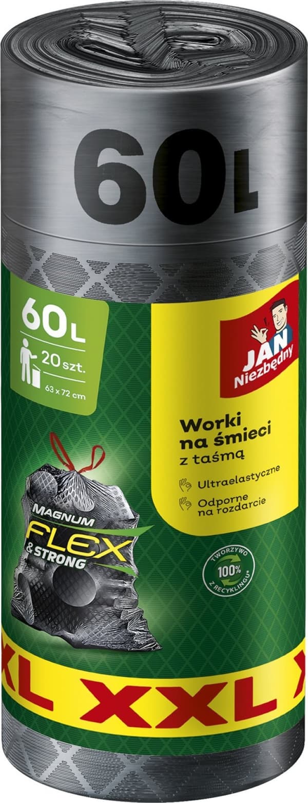 Sarantis Soppåsar JAN ESSENTIAL, magnum flex, med tejp, 60l, 20st, grå