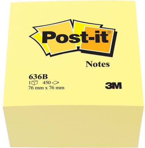Post-it Klassiske klæbeblokke 636B, 76x76mm terning, 450 ark, gul (3M0311)