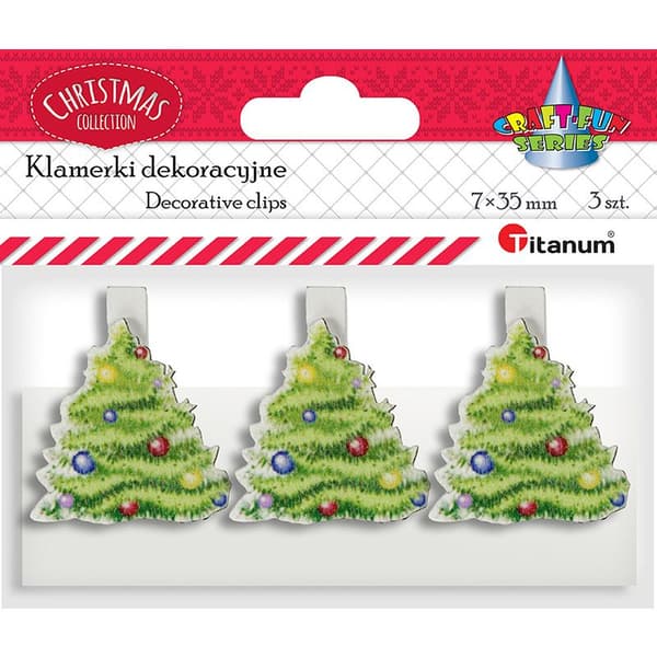 Träklämmor med dekor vit julgran 3-pack