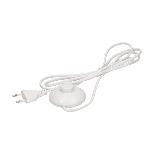 Strømkabel med afbryder og fladt stik, 2m kabel, hvid