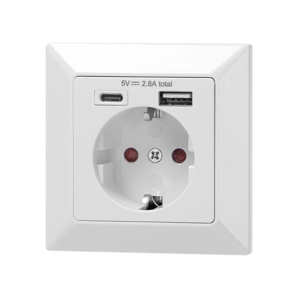 Enkelt uttag 2P+J (Schuko), USB-A + USB-C, 5VDC utgång, max 2.8A