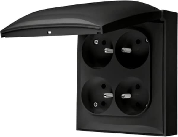 Kontakt-Simon Simon Aquaclick Stikkontakt IP44, 4x med jord, klap sort ACGZ4/49