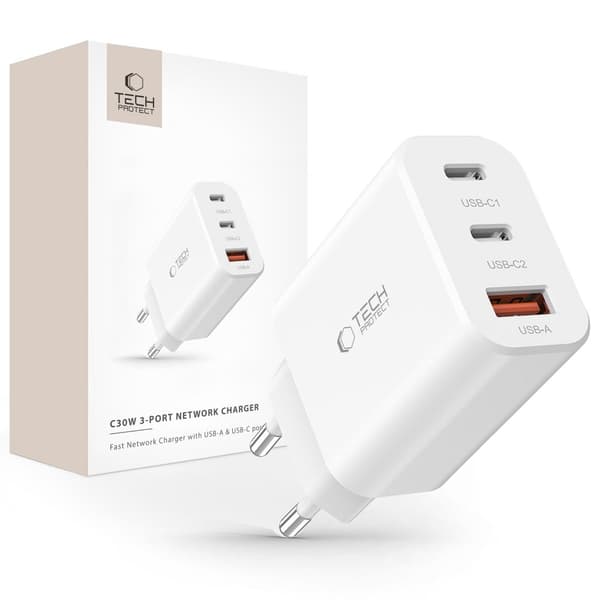 TECH-PROTECT NC30W 3-PORTS NETVÆRKSLADER PD30W/QC3.0 HVID