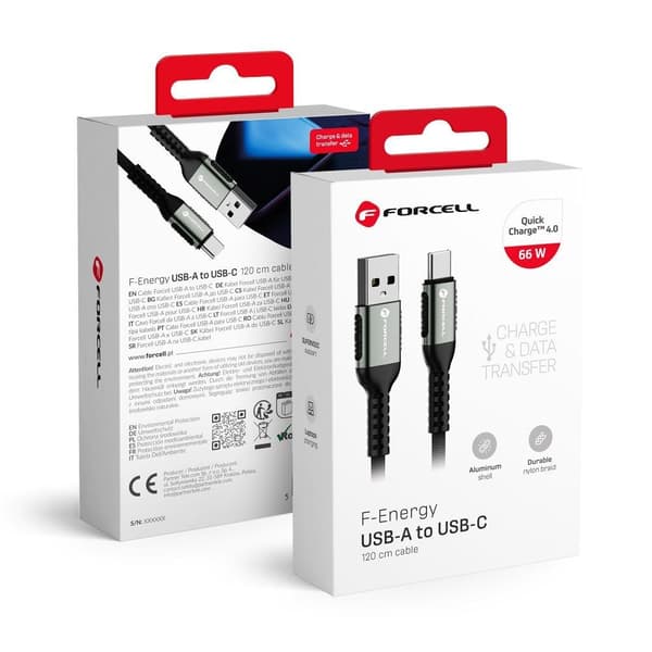 USB-kaapeli ForCell USB-A - USB-C 1,2 m Musta