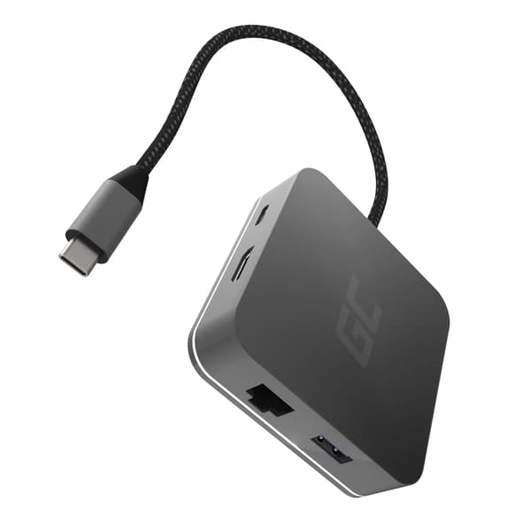 USB-C HUB 6-porttinen Green Cell 3xUSB3.0 HDMI 4K 60Hz USB-C Ethernet Harmaa