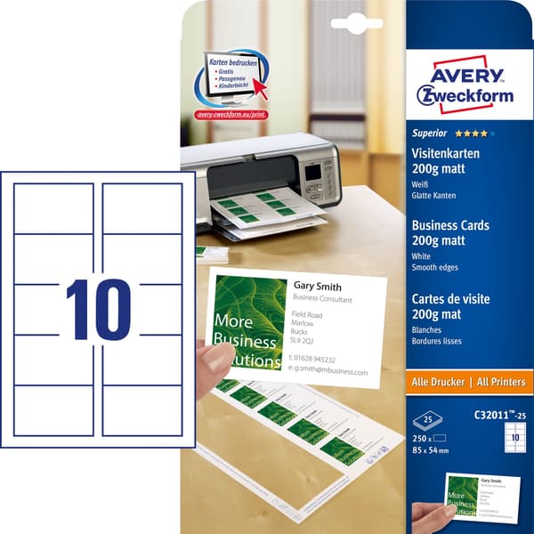 VISITKORT MATT 85 X 54 MM AVERY QUICK&CLEAN 250 VISITKORT, VIT