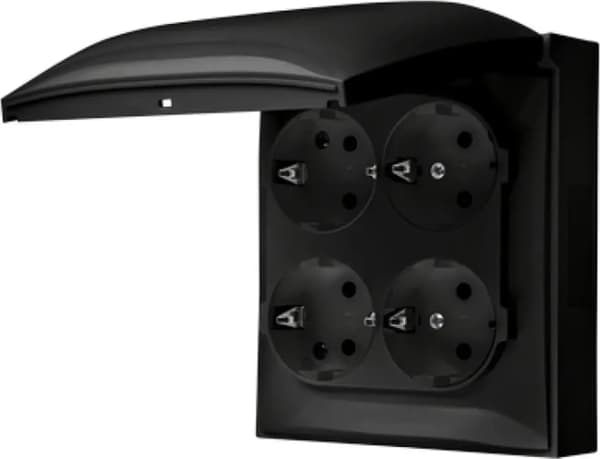 Kontakt-Simon Simon Aquaclick Schuko Stikkontakt 4x IP44, Flip Sort ACGSZ4/49