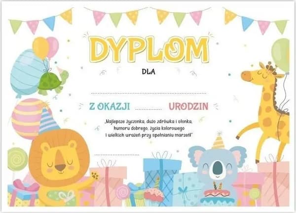 A4 Syntymäpäivädiplomi - Iloiset lemmikit 5kpl
