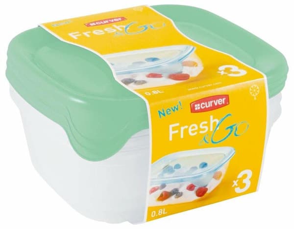 CURVER SÆT AF FIRKANTEDE BEHOLDERE FRESH&GO 3X0,8L /CELADON/TRANSPARENT