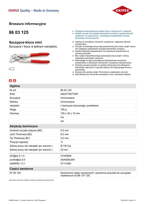 KNIPEX Mini tångnyckel plastbelagd 125 mm