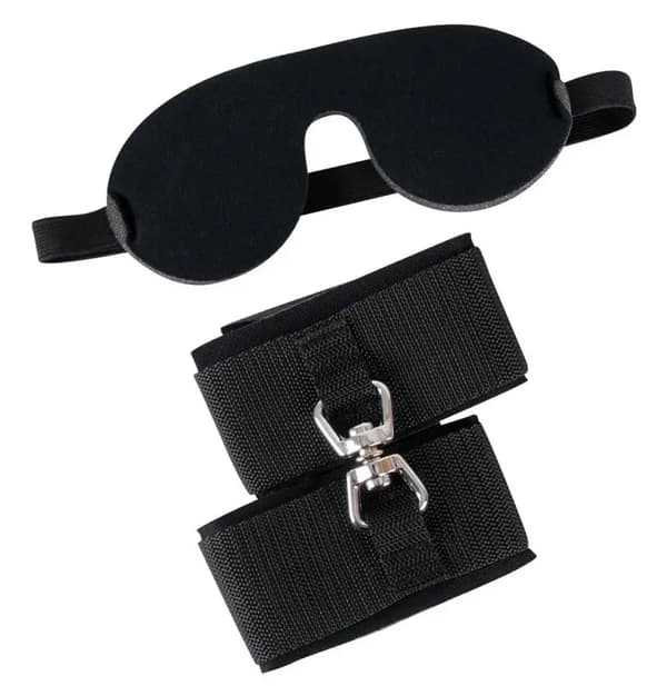 Miniset med BDSM-bondagehandbojor och ögonbindel