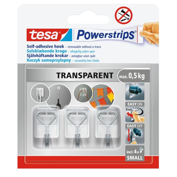 Vaatekoukku Tesa Powerstrips, 3 kpl, läpinäkyvä