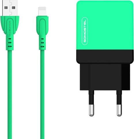 Netværksoplader Somostel SMS-A53 2xUSB 2A dobbelt + kabel Iphone grøn