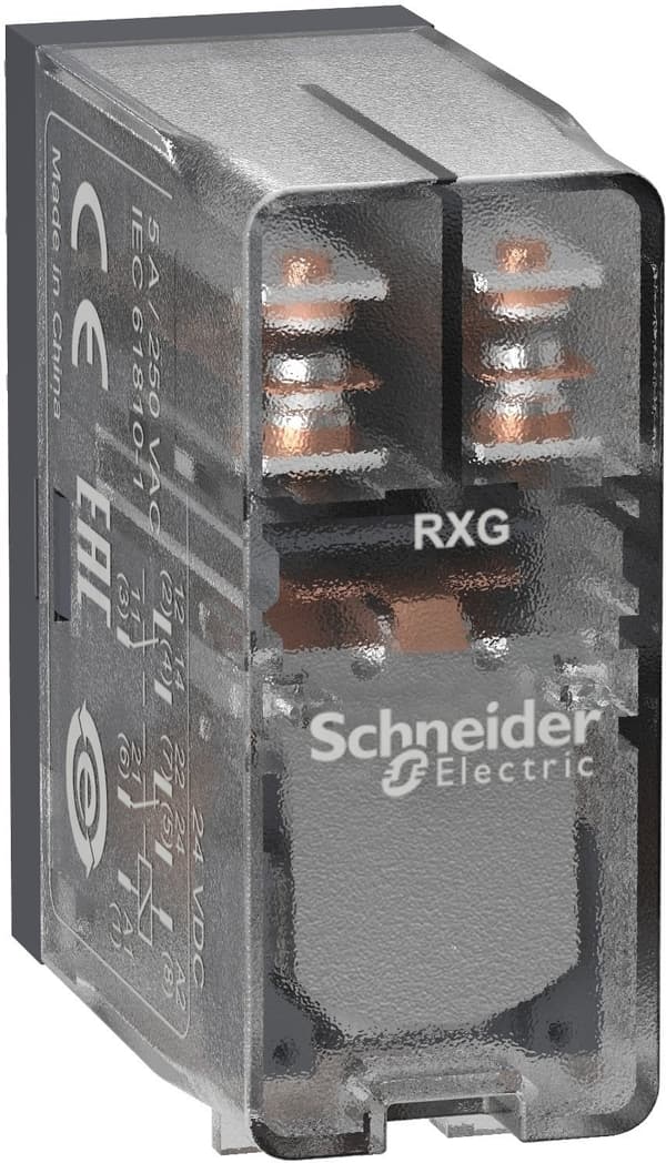 Interface-sender med transparent hus 24V DC, 5A, 2 kontakter C/O RXG25BD
