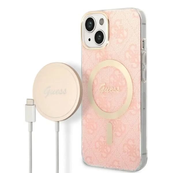 Originalt GUESS GUBPP14MH4EACSP sæt til iPhone 14 Plus (Bundle Pack / Kompatibel med Magsafe: Cover + Oplader / 4G / Guld - Pink)