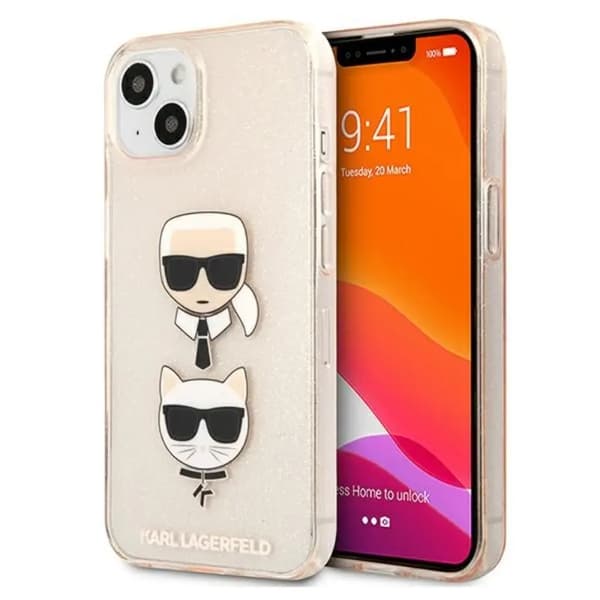 Karl Lagerfeld Glitzer Karl's & Choupette Head Cover til iPhone 13 mini - Guld