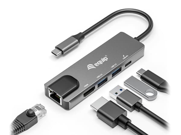 Equip USB-C 5-i-1 multifunktionsadapter, HDMI, Gigabit LAN, USB 3.2 GEN1, 100W USB PD