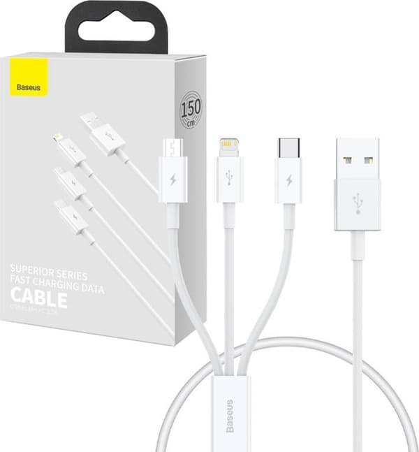 Quick Charge USB til M+L+C Baseus Superior Data 3.5A 0.5m (Hvid)