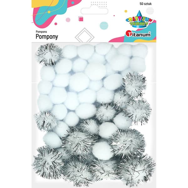 Polyester pomponer og glitter hvid 50 stk