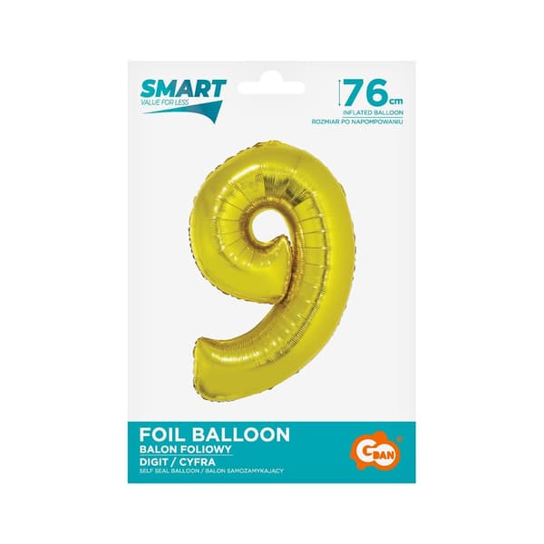 Smart folieballong, Siffra 9, guld, 76 cm