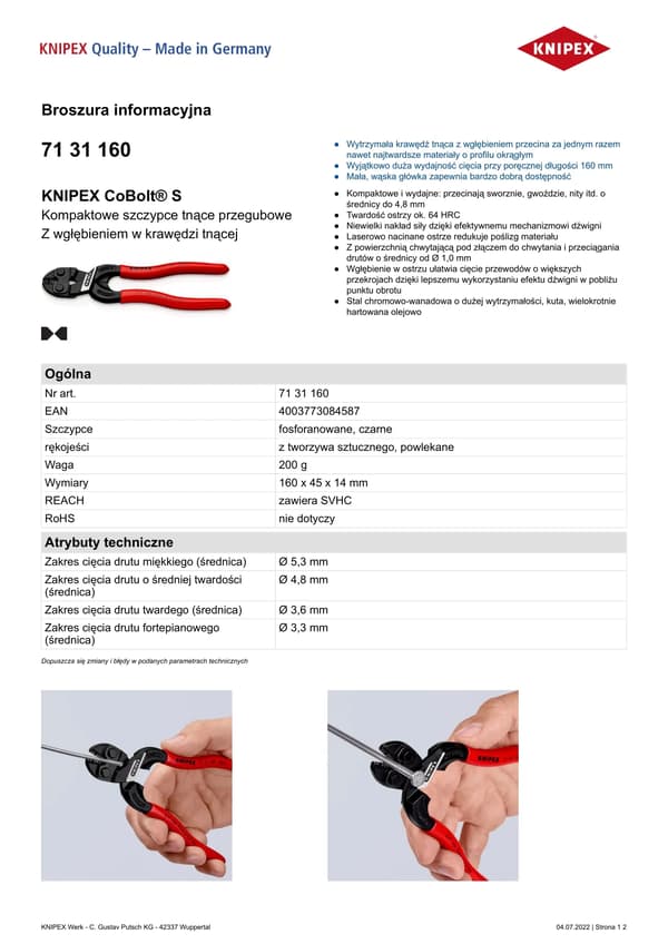 KNIPEX kompakt boltklipper Cobolt 160 mm