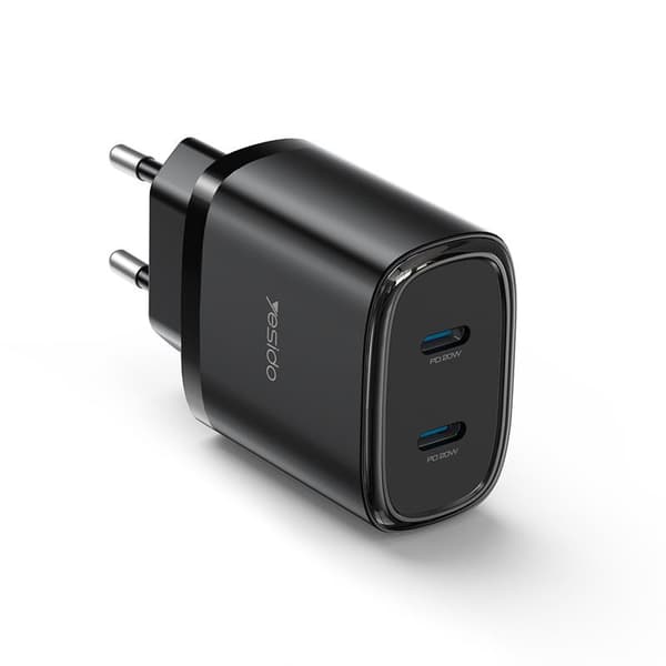 yesido lad. netværk. YC54 PD 20W QC 2xUSB-C + Kabel 27W C/IP 1m, SORT/SORT