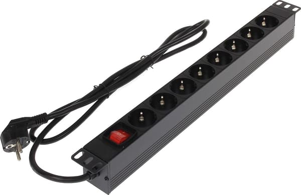 Strømskinne 19\" 1U 8x Schuko-stik med afbryder (L19/8)