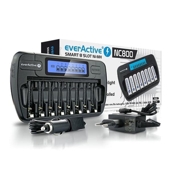 EVERACTIVE PROCESSORLADER AAA/AA, 8 PÅLIDELIGE KANALER, OPLADNING, AFLADNING, ADAPTER 12V I SÆT. NC-800