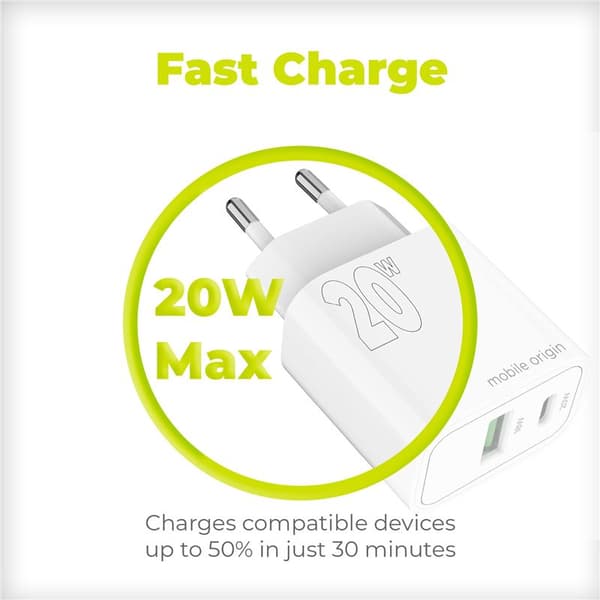 Mobile Origin PD20W Vægoplader MO12, 1 USB-A + 1 USB-C