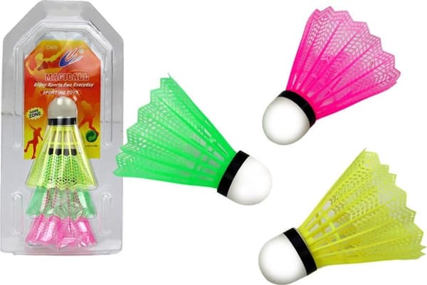 BADMINTON FJERBOLD, 3 stk., farverig, blist.