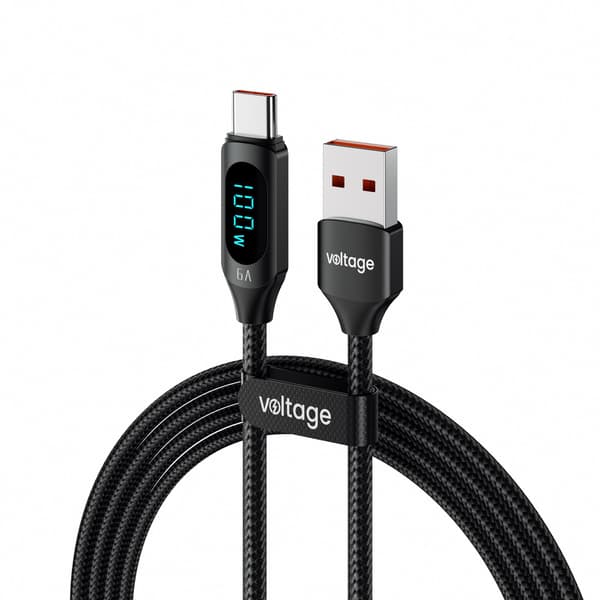 USB-A / USB-C -kaapeli jännitteen ja tehon näytöllä 66W 100cm musta