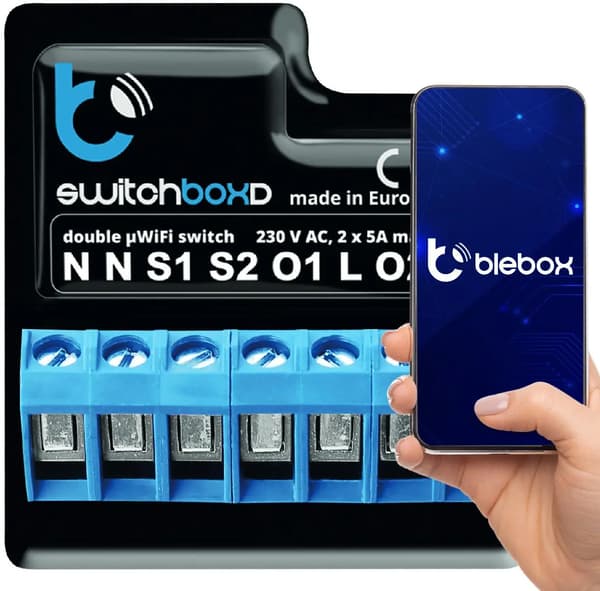 Blebox SwitchBoxD WiFi-sender 230V Dobbeltkanal styret fra app