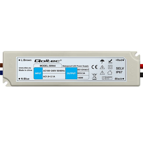 Qoltec LED-strømforsyning IP67 | 100W | 12V | 8.3A | Vandtæt